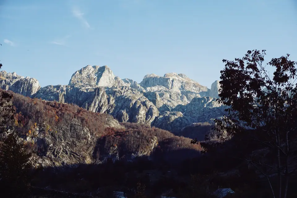Mountain landscape in Albania under cool afternoon light.